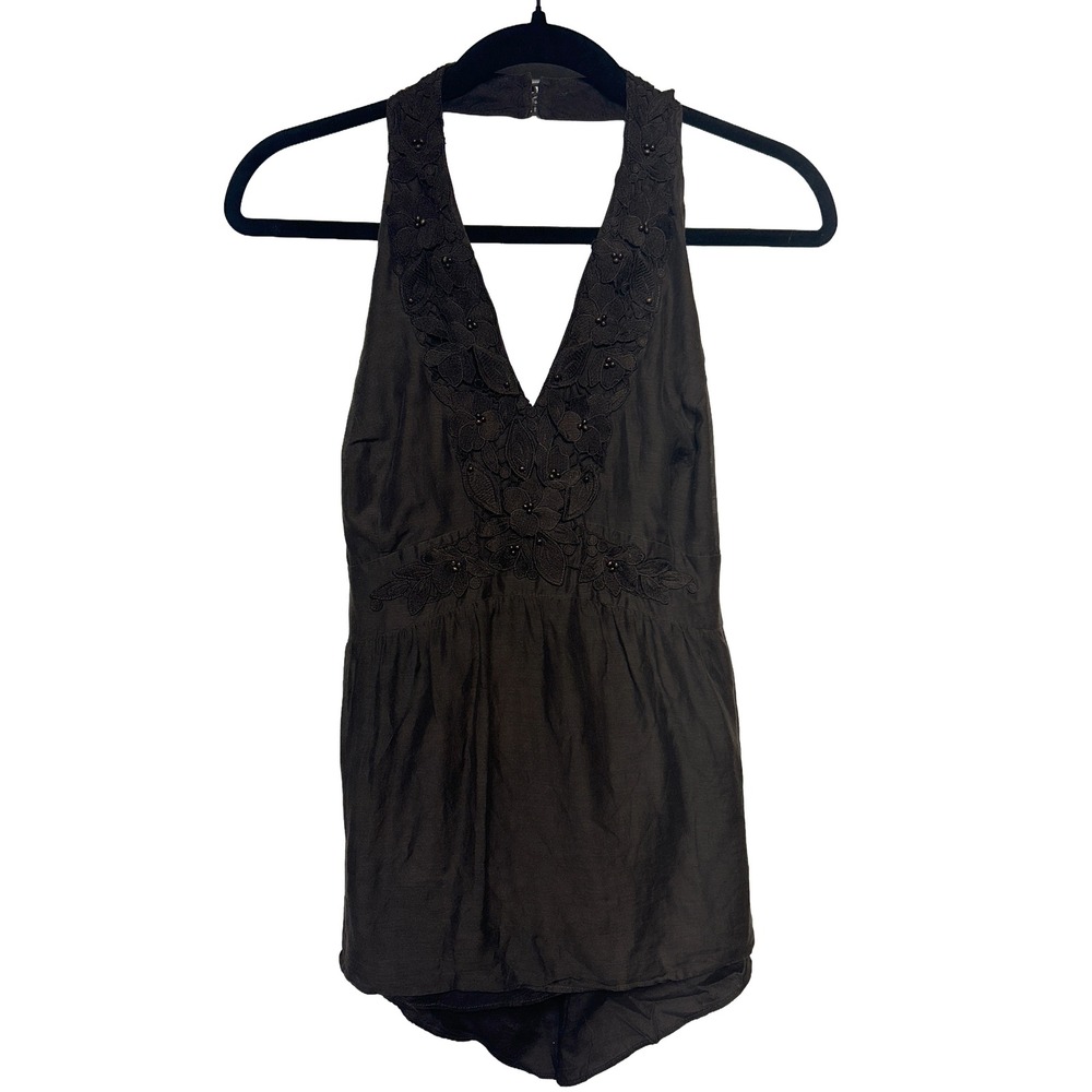 Ann Taylor Silk Blend Halter Top‎ Brown Beaded Floral Women's Size 10